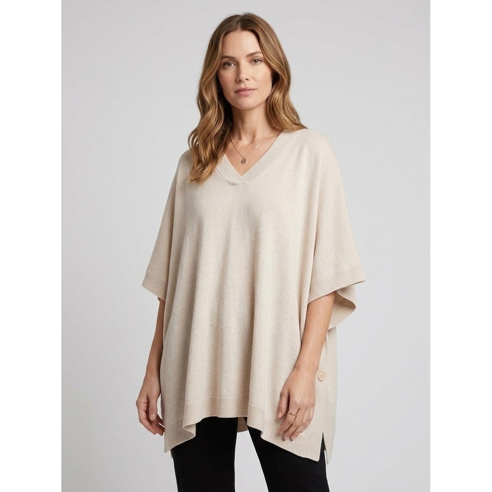Modena Womens V-Neck Poncho Sweater Oatmeal Beige Knit Side Button One Size NWT